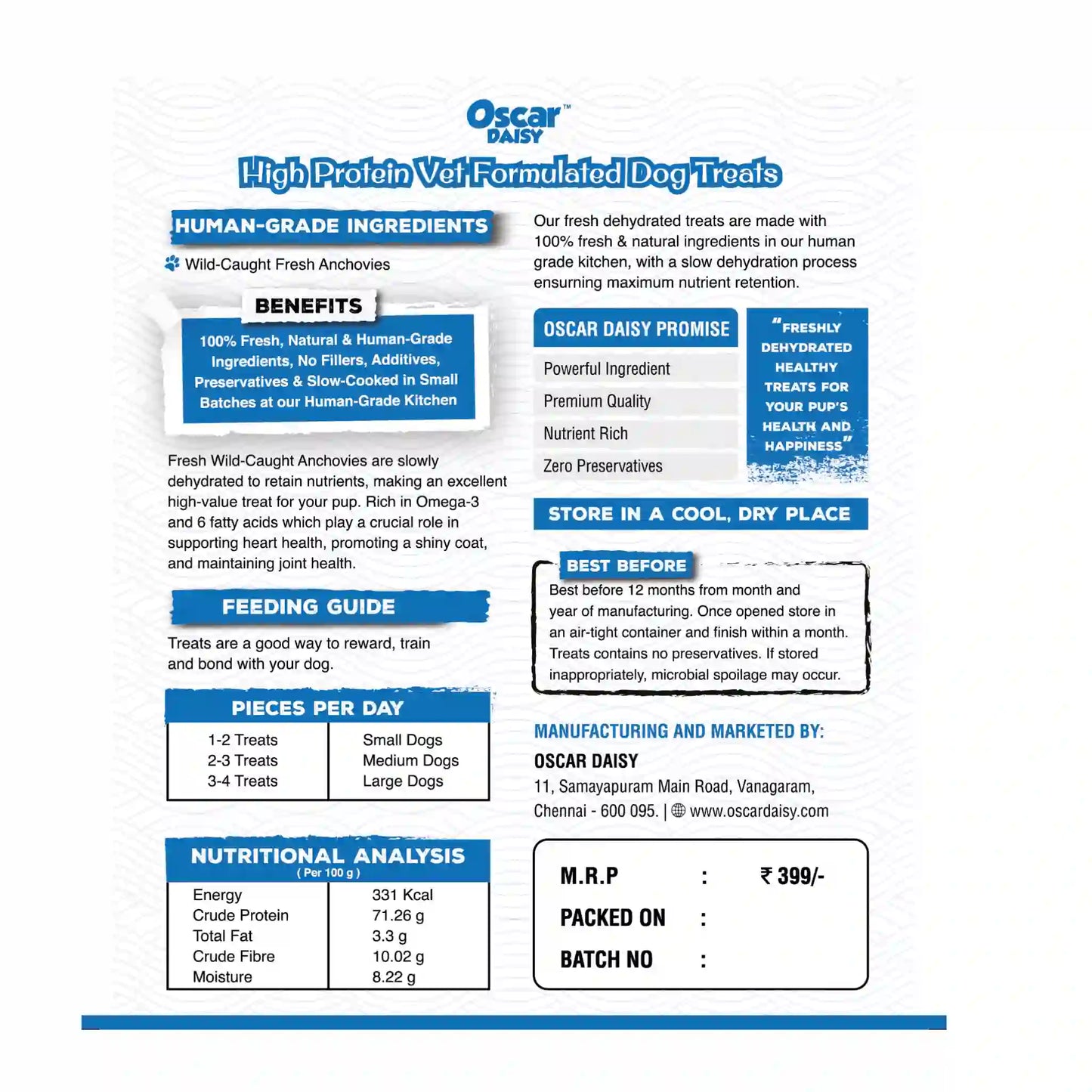 Oscar Daisy dog treat packaging with text on ingredients, benefits, and nutritional information.
