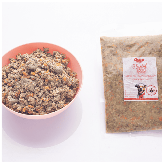 Oscar Daisy dog food in a bowl and package with a label on a white background
