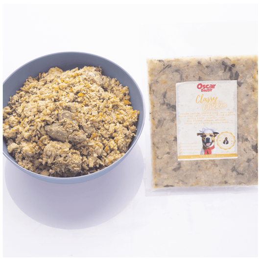 Oscar Daisy dog food chicken recipe on a white background