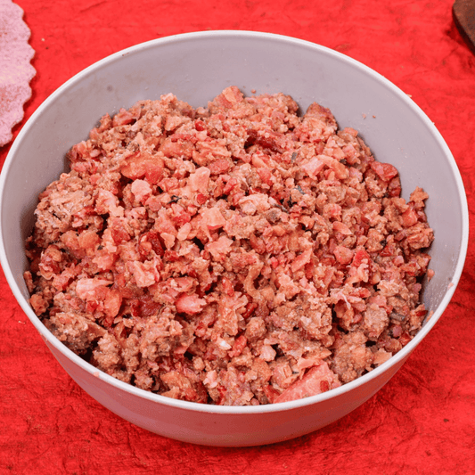 White bowl filled with Oscar Daisy dog food on a red background