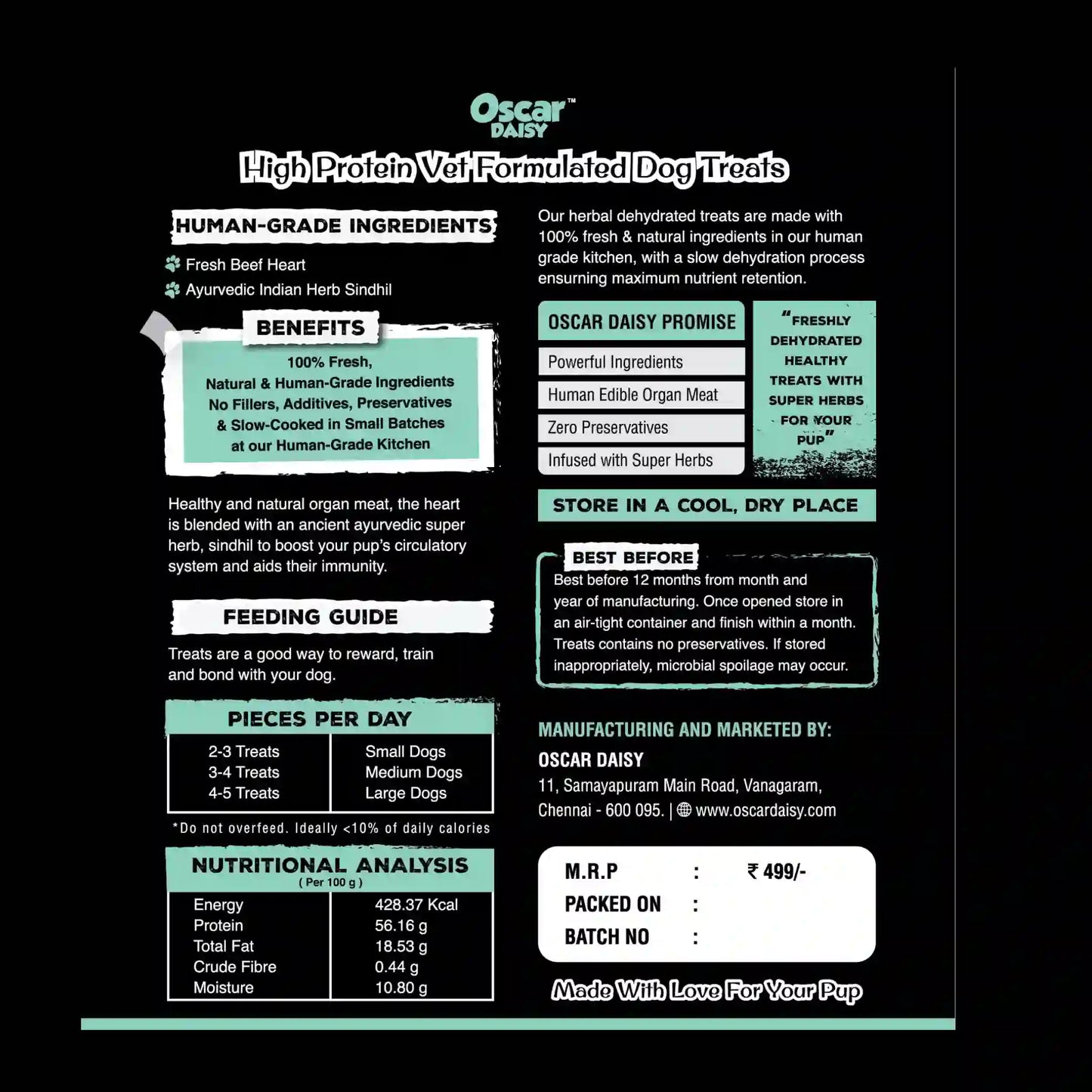 Back of Oscar Daisy dog treat packaging with text and labels.
