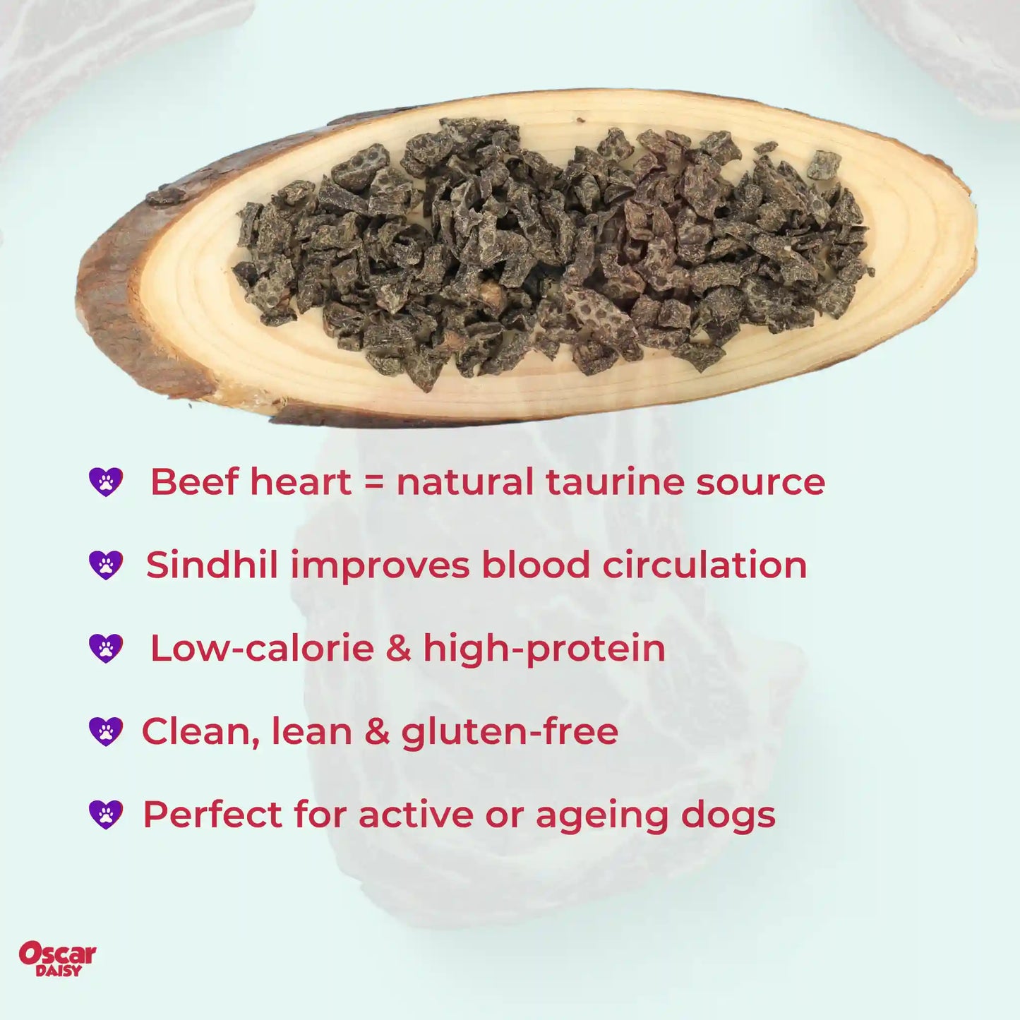 Beef heart dog treats on a wooden board with health benefits text on a light blue background