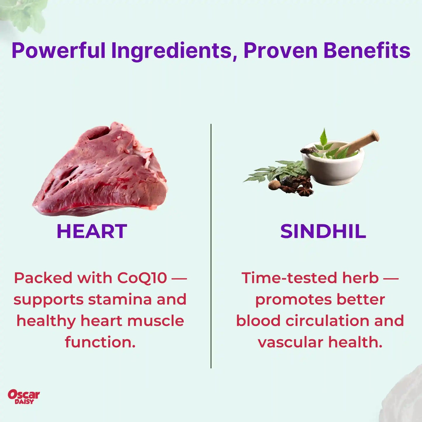 Product card showing Heart and Sindhil with text about their benefits on a light green background.