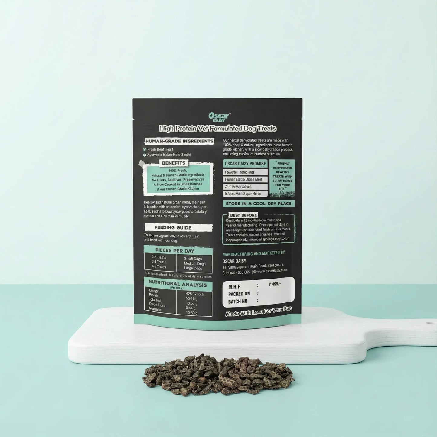 Dog treat packaging with visible ingredients and nutritional information on a light blue background