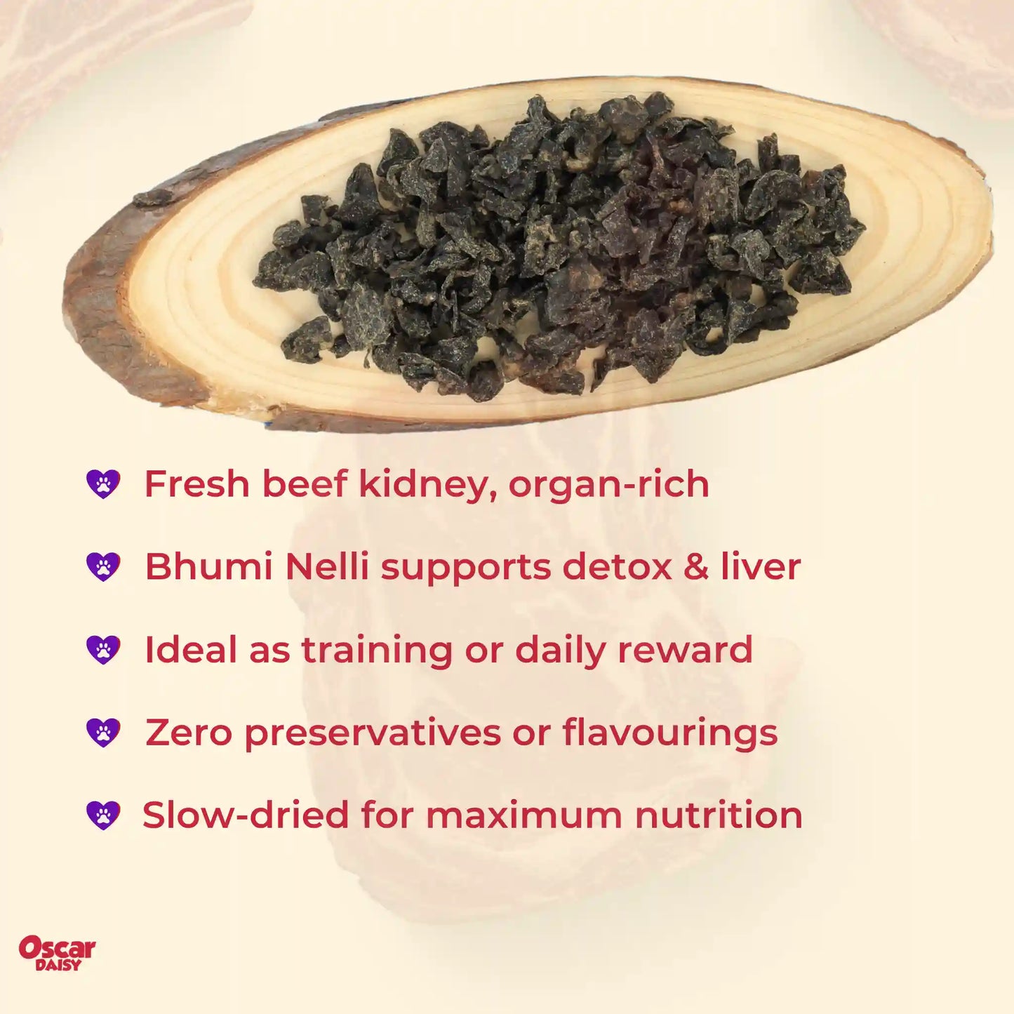 Dried beef kidney dog treats on a wooden board with product details on a beige background