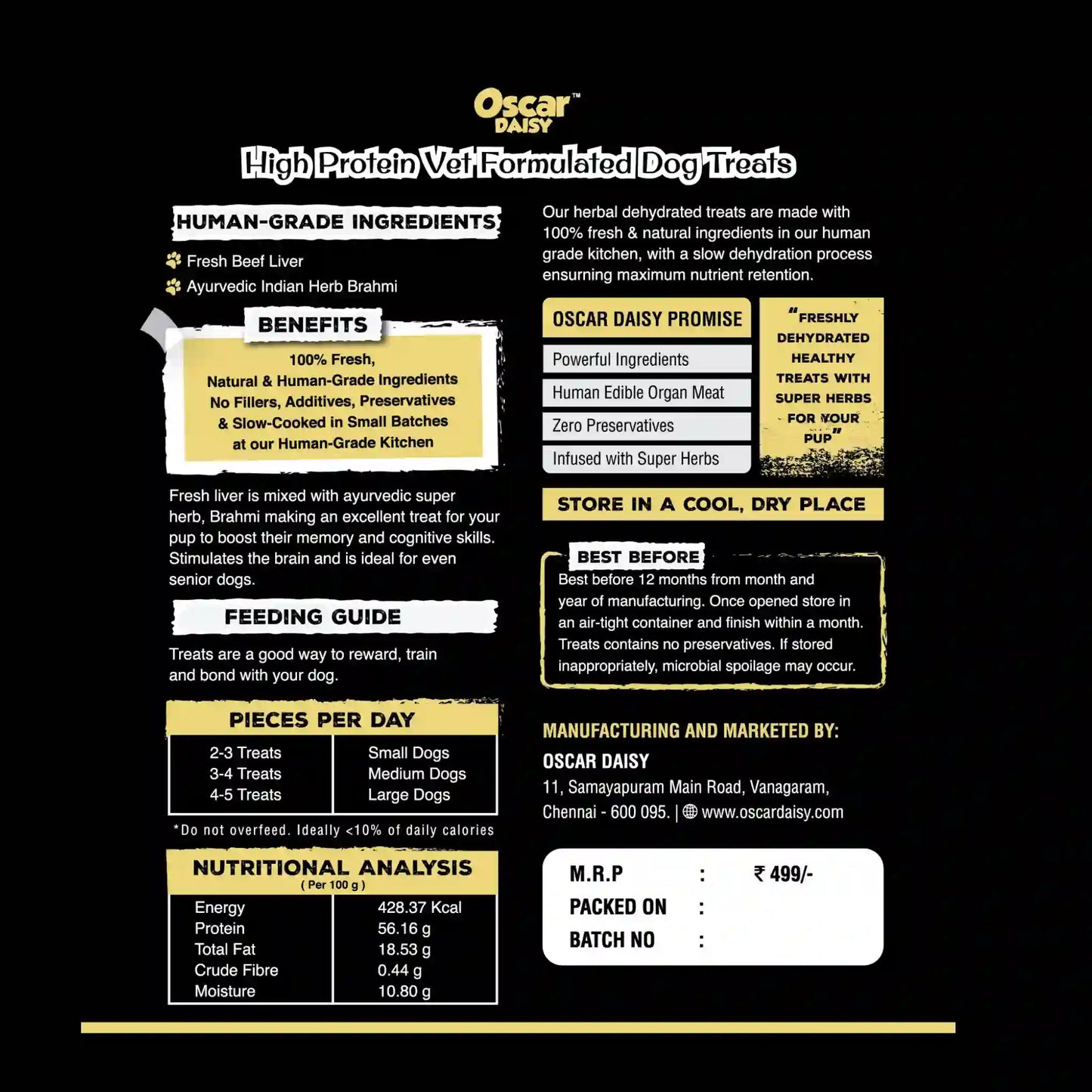 Oscar Daisy dog treat packaging with nutritional information and ingredients on a black background