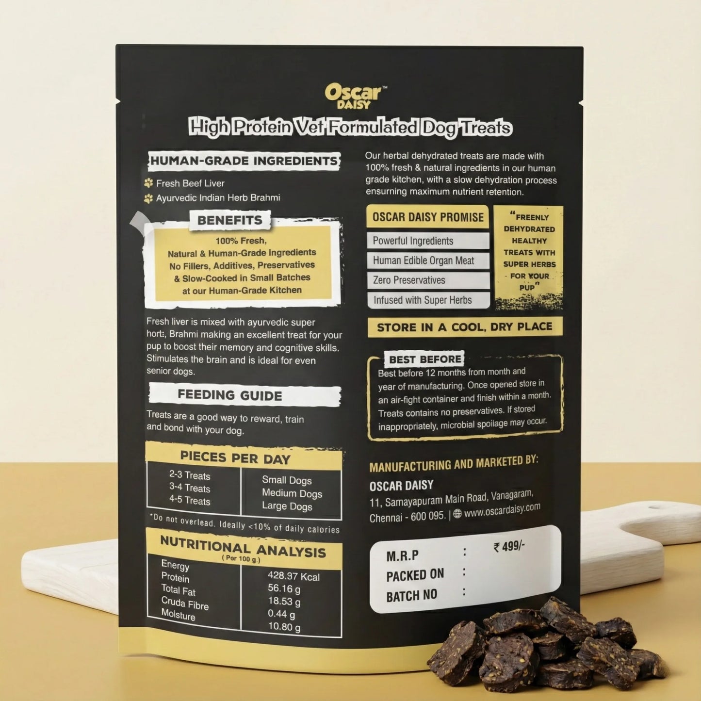 Oscar Daisy dog treat packaging with ingredients, benefits, and nutritional information on a beige background.