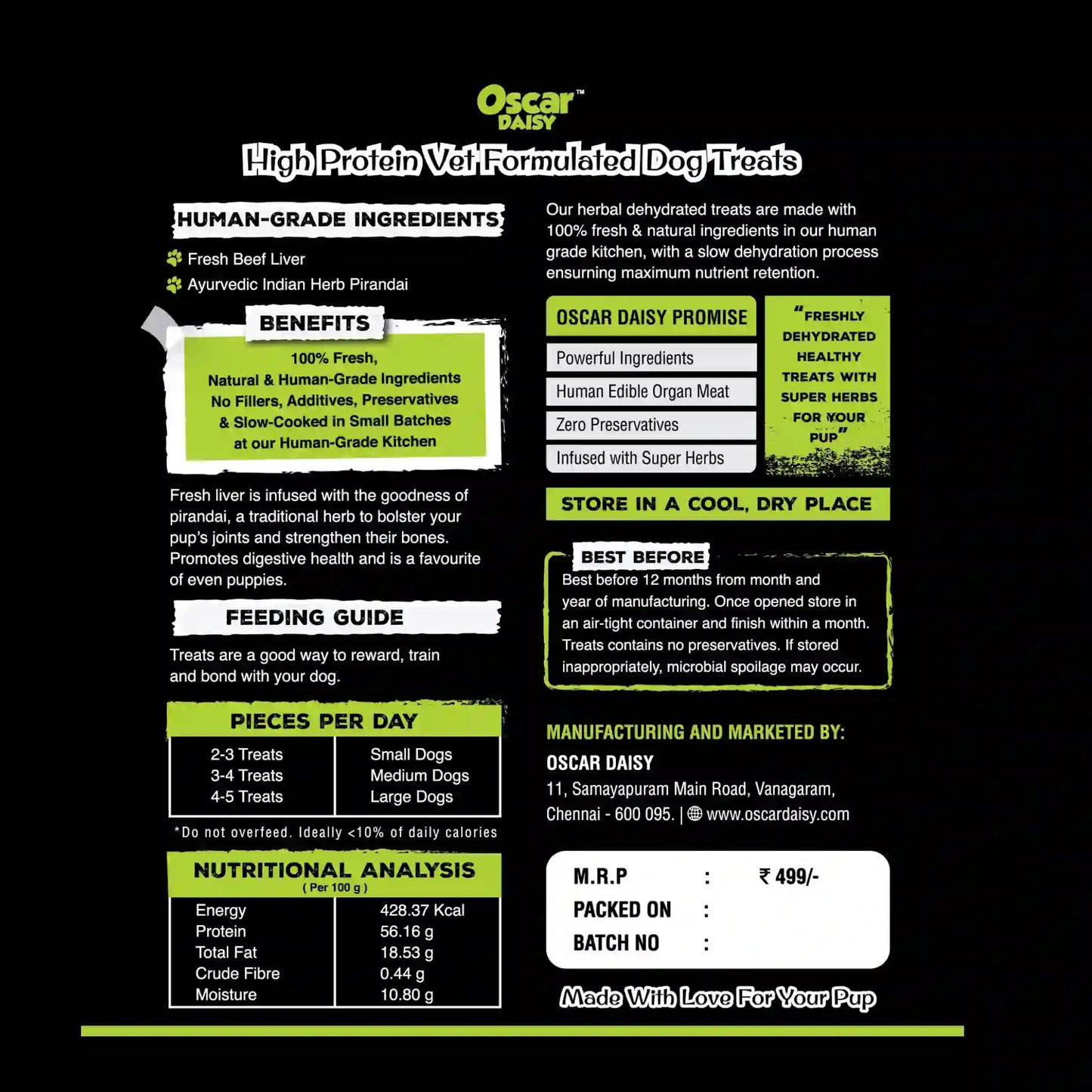 Oscar Daisy dog treat packaging with nutritional information and ingredients on a black background