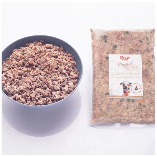 Oscar Daisy dog food mutton recipe in a bowl and package with a label on a white background