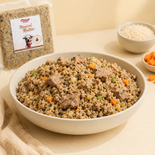 Oscar Daisy Dog food bowl with ingredients on a pink background