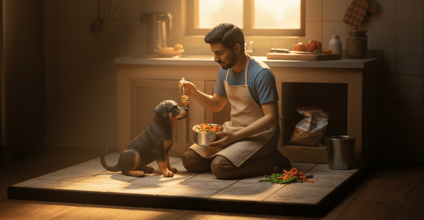 Illustration of Praveen, Founder of Oscar Daisy in a kitchen with his dog, feeding his food on a tiled floor.
