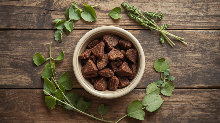 Gourmet dog treats surrounded by fresh Pirandai, Brahmi, and Sindhil Ayurvedic herbs for wellness.