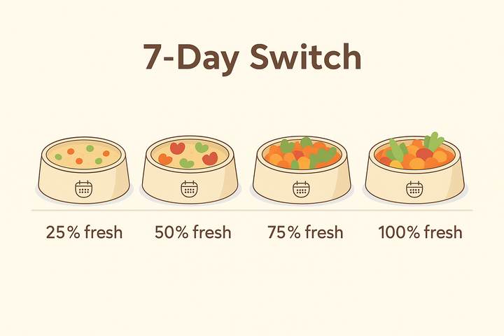 Four dog bowls left to right showing 25%, 50%, 75%, and 100% fresh food for a 7-day switch.