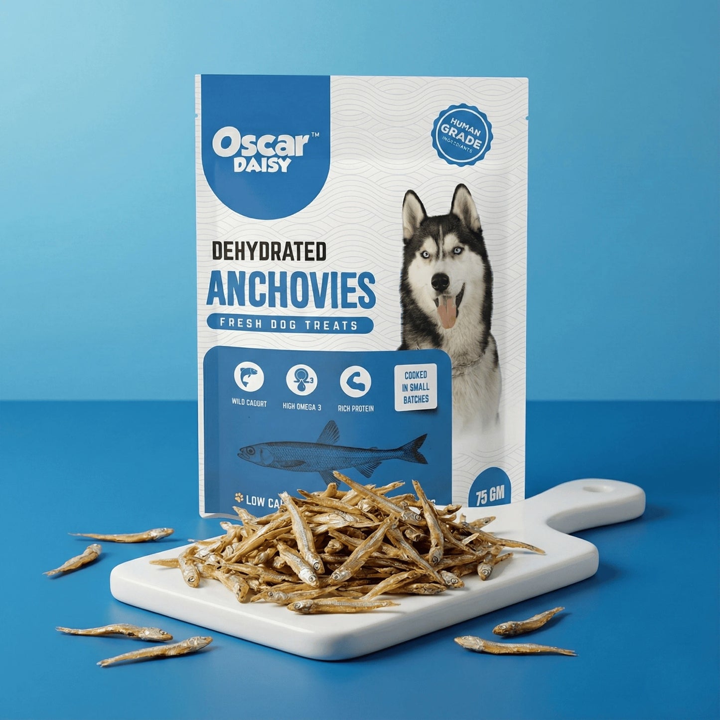 Oscar Daisy dehydrated anchovies for dogs on a blue background