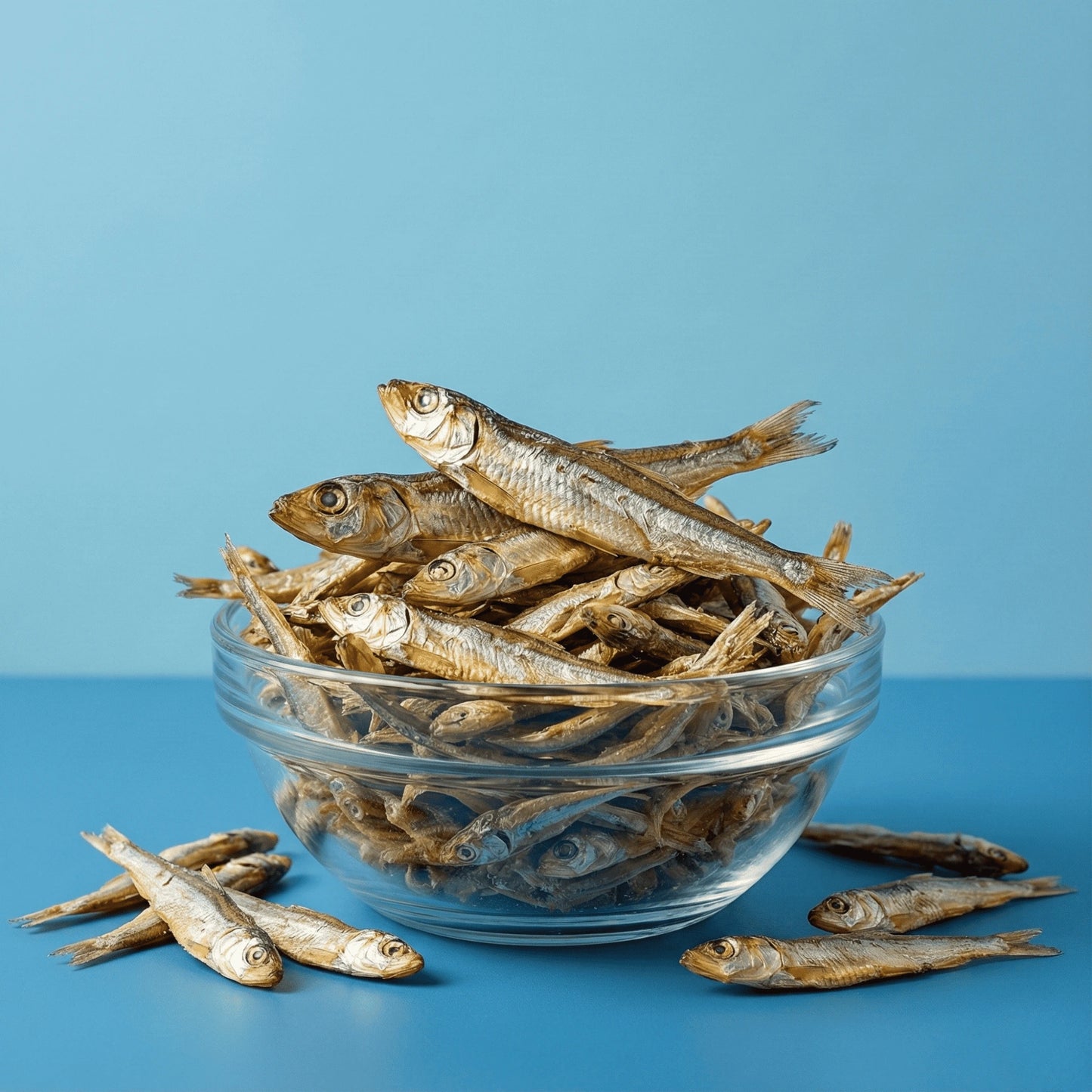 Glass bowl filled with Oscar Daisy anchovy treats on a blue background