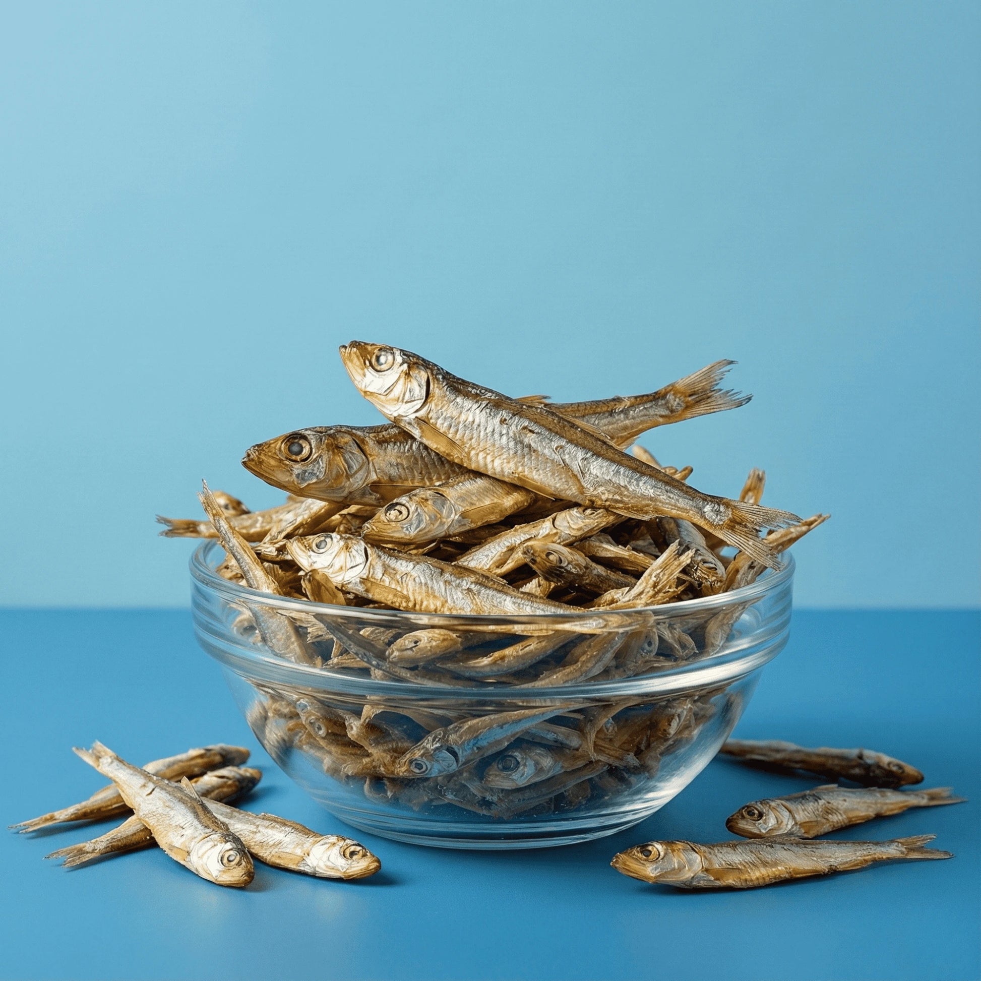 Glass bowl filled with Oscar Daisy anchovy treats on a blue background