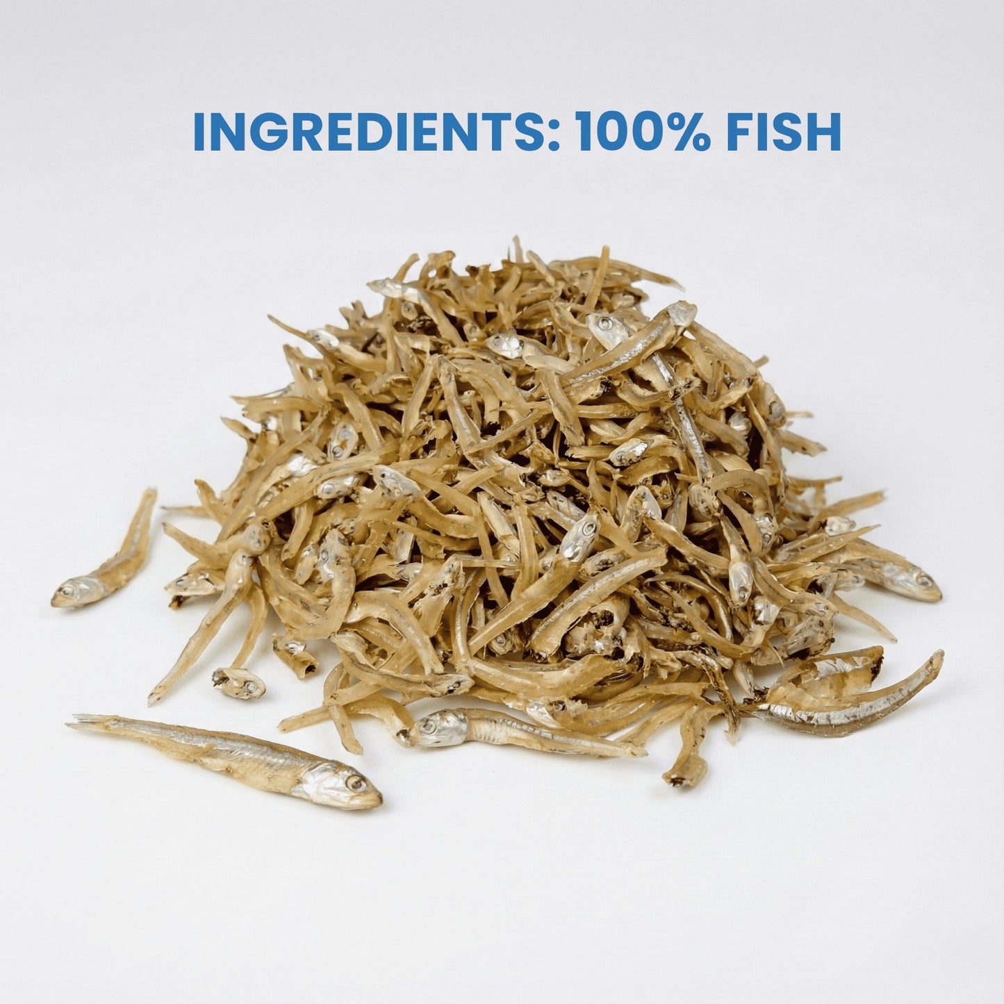 Dehydrated fish treats on a white background with text 'INGREDIENTS: 100% FISH'.