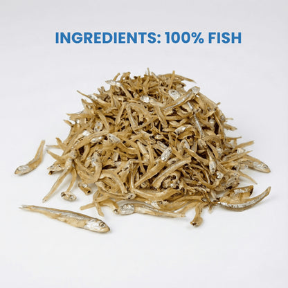 Dehydrated fish treats on a white background with text 'INGREDIENTS: 100% FISH'.