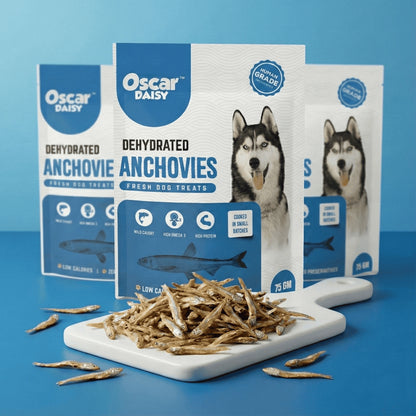 Oscar Daisy dehydrated anchovies dog treats packaging with treats on a blue background