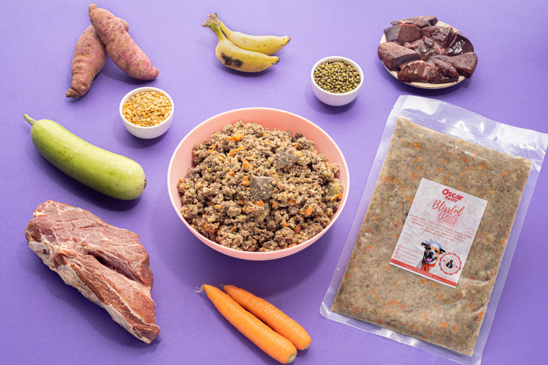 Oscar Daisy dog food mutton recipe ingredients and a package of dog food on a purple background