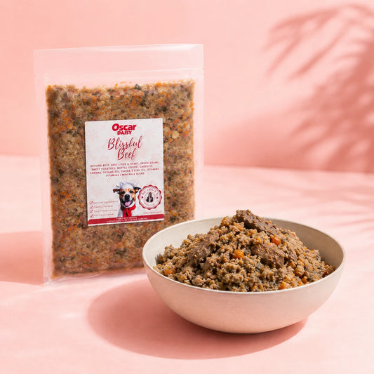 Oscar Daisy Beef Dog food package and bowl of dog food on a pink background