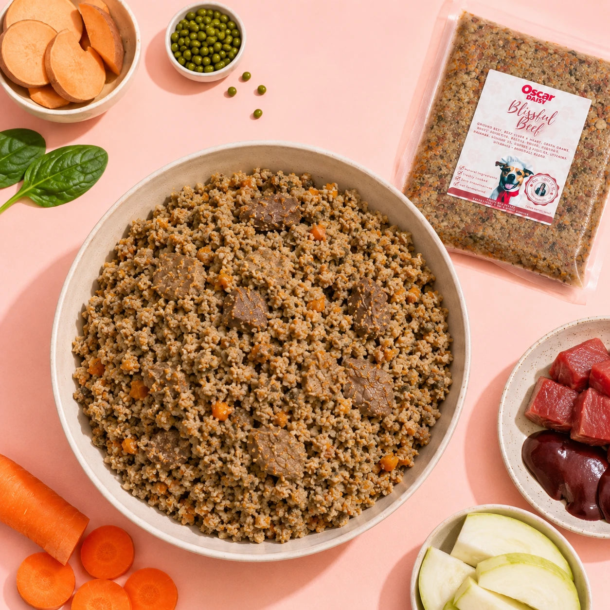 Fresh Dog food bowl with Oscar Daisy package on a light background
