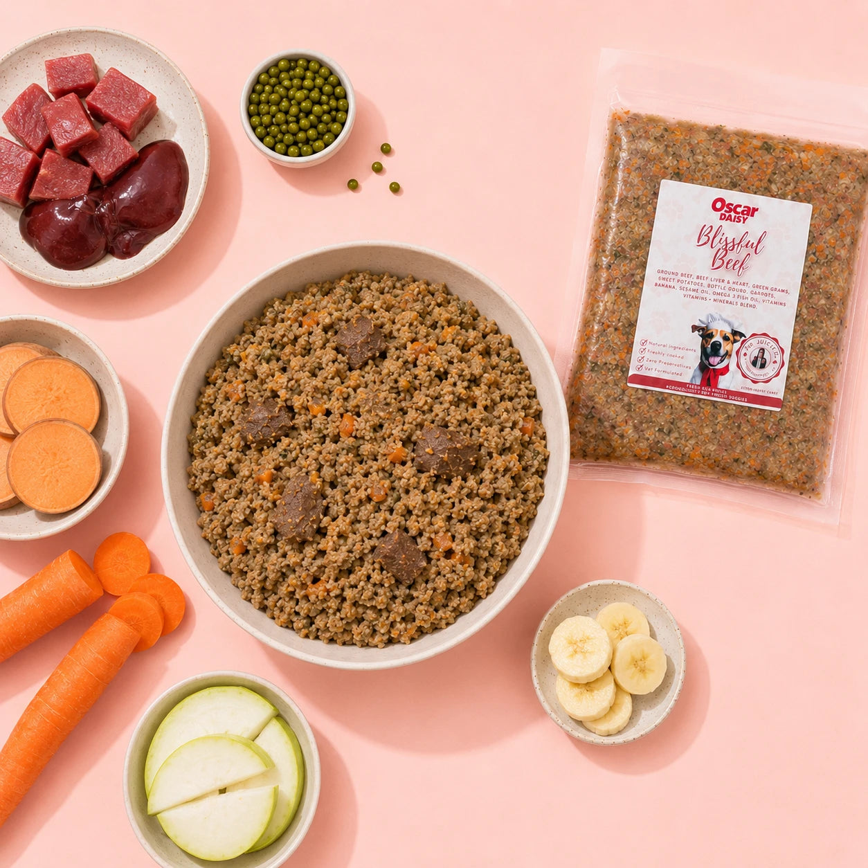 Beef recipe dog food from Oscar Daisy with packaging and ingredients on a light background
