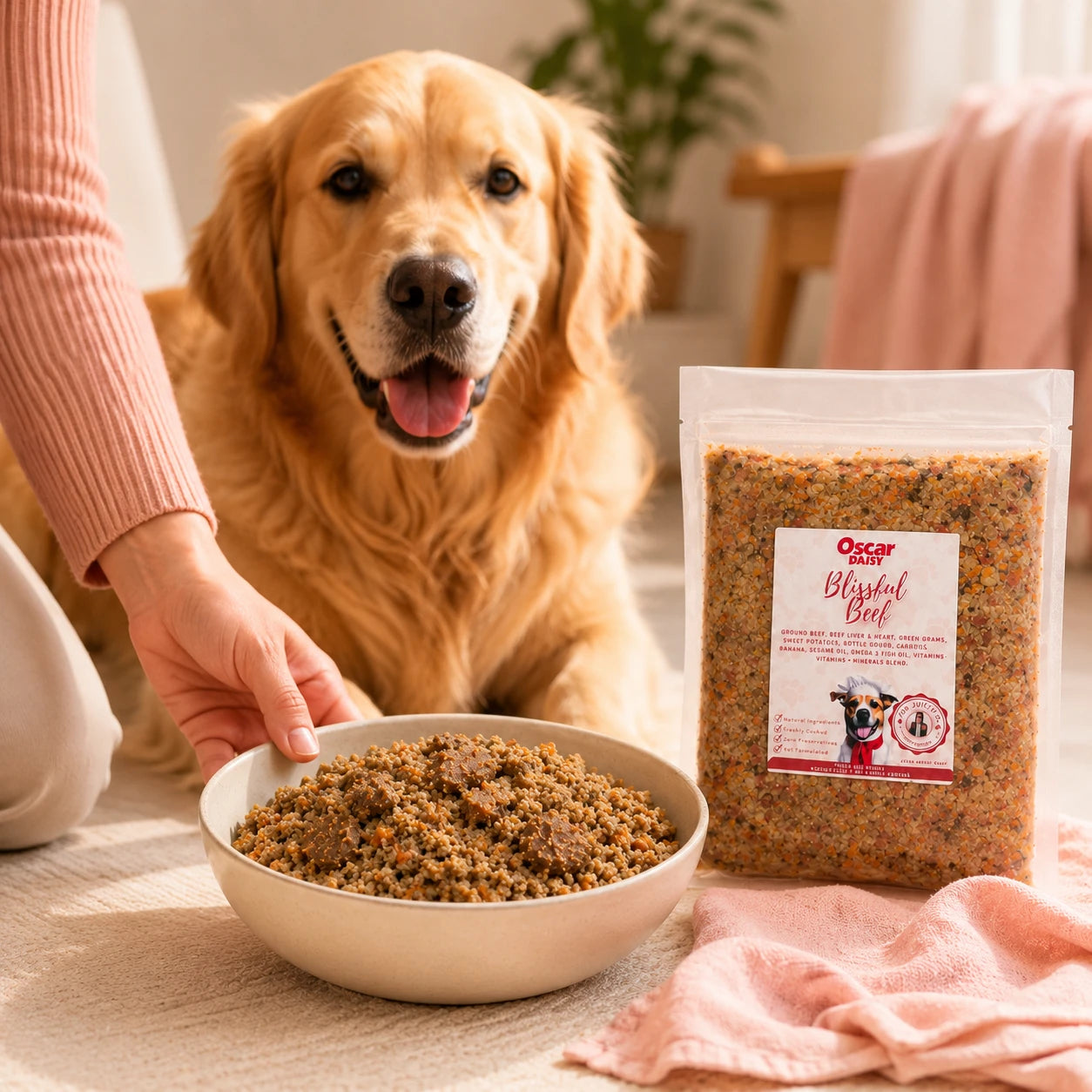 Dog with a bowl of fresh food and a package of Oscar Daisy pet food on a table.