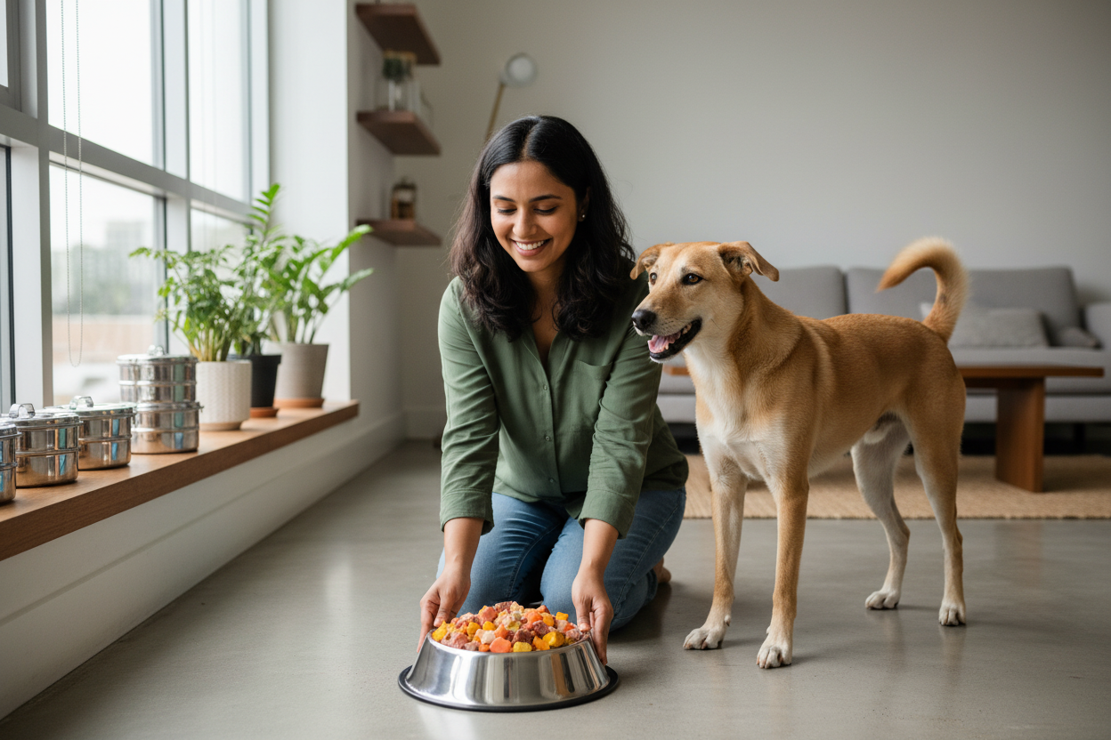 Indian pet parent serving a bowl of fresh dog food to her dog in a bright home.