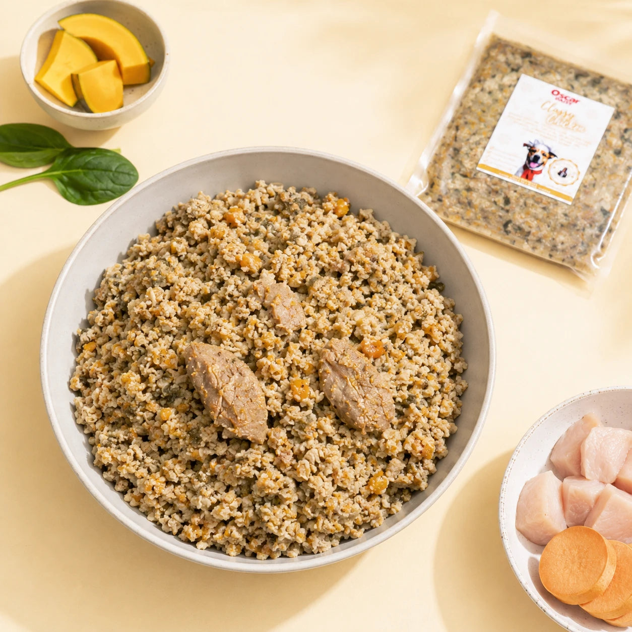 Dog food bowl with Oscar Daisy pack, on a light background