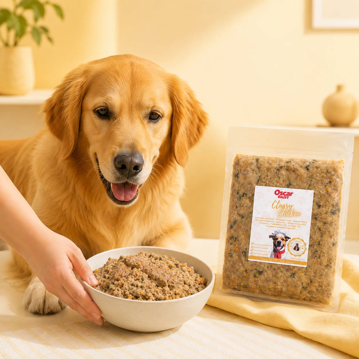 Dog with a bowl of fresh dog food and a package of Oscar Daisy pet food on a table.