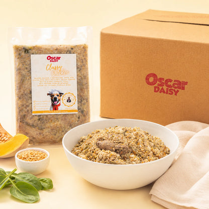 Oscar Daisy pet food packaging with a bowl of food, packaging, and ingredients on a light background