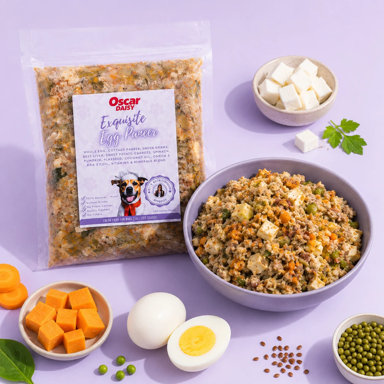 Oscar Daisy Egg Panner recipe dog food package with ingredients on a table.