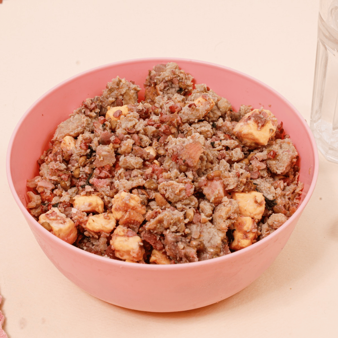 Pink bowl filled with Oscar Daisy dog food on a light pink background