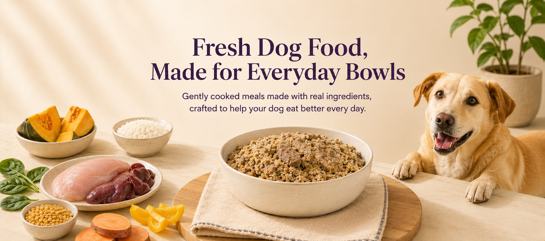 Oscar Daisy Dog food bowl with ingredients and a dog on a table, with text about fresh dog food.