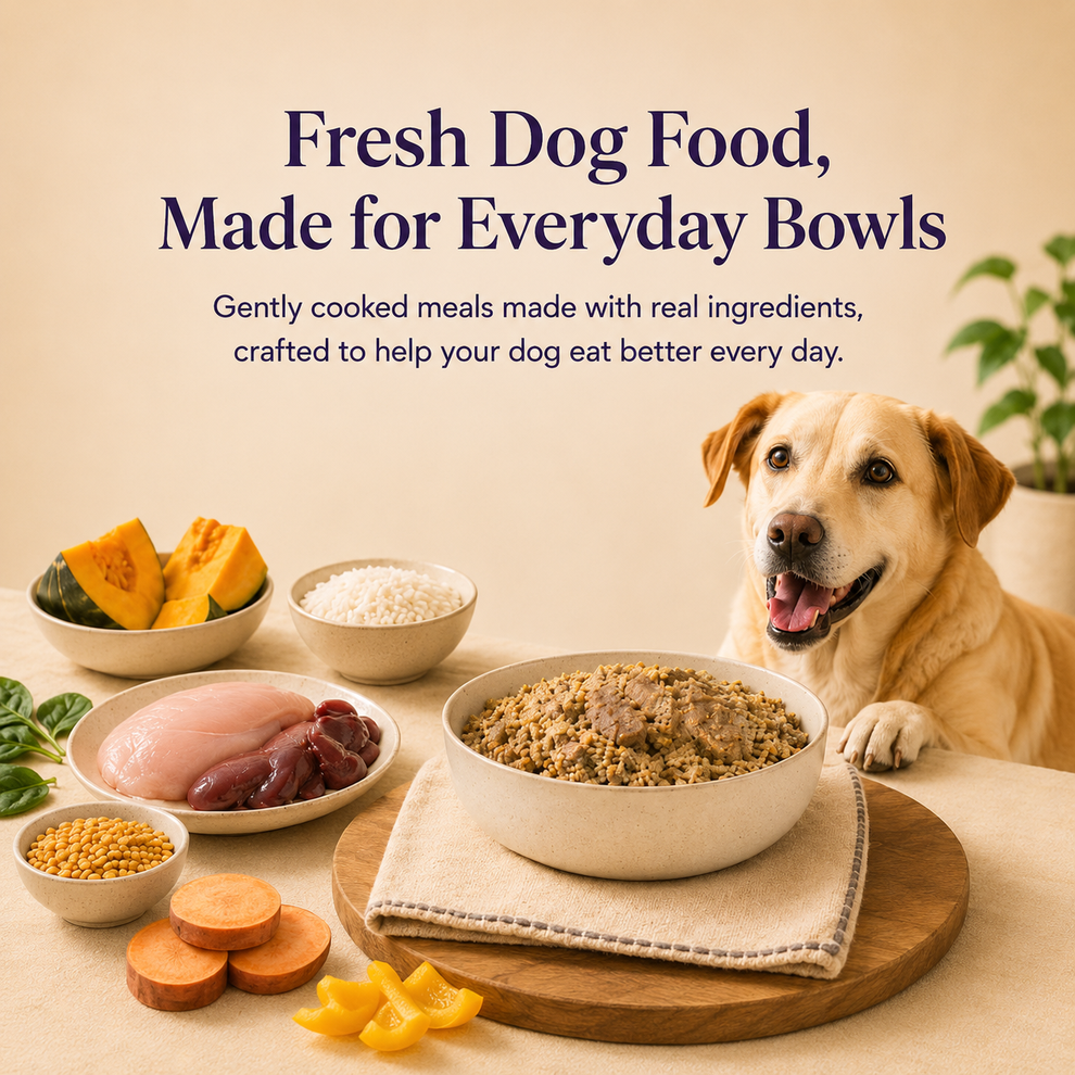 Oscar Daisy Dog food bowl with fresh ingredients and a dog on a neutral background