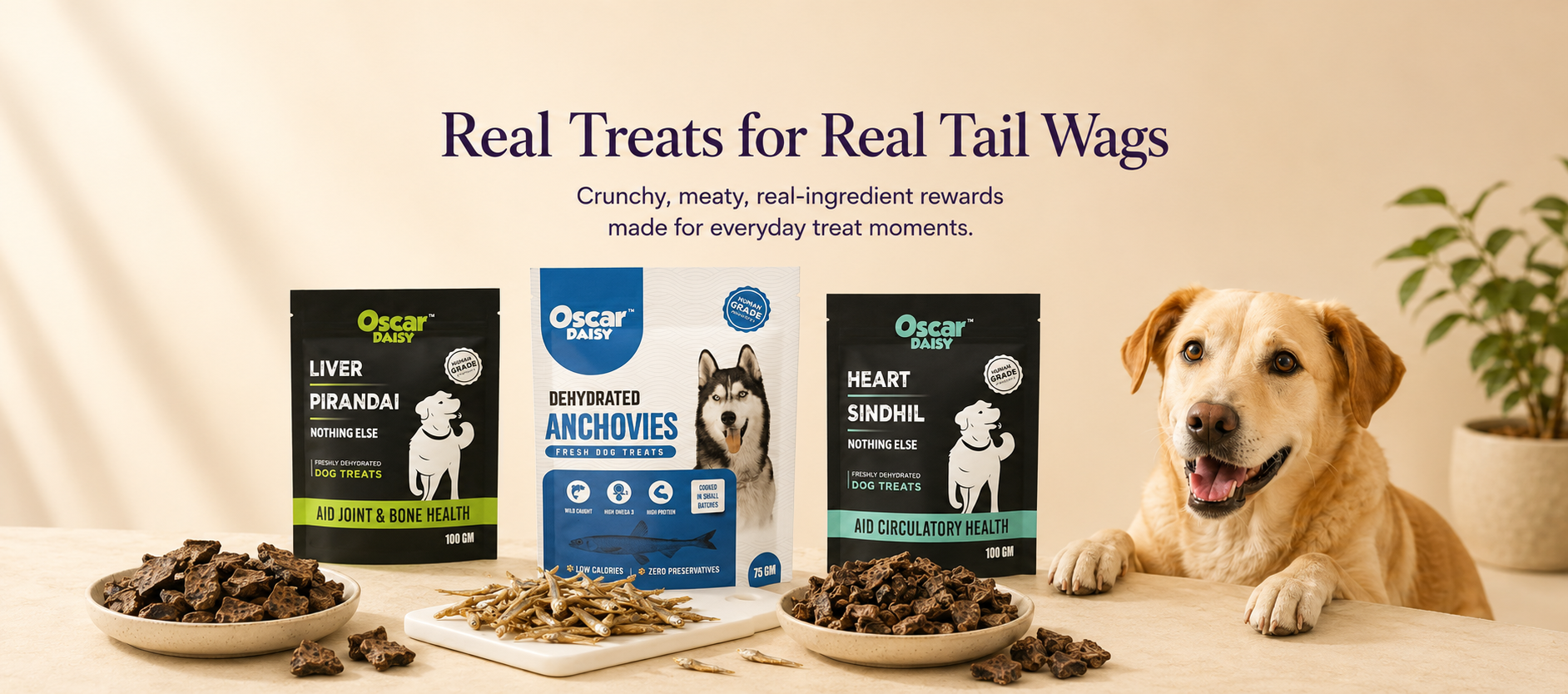 Oscar Daisy Dog treats packaging with a dog sitting next to them on a neutral background