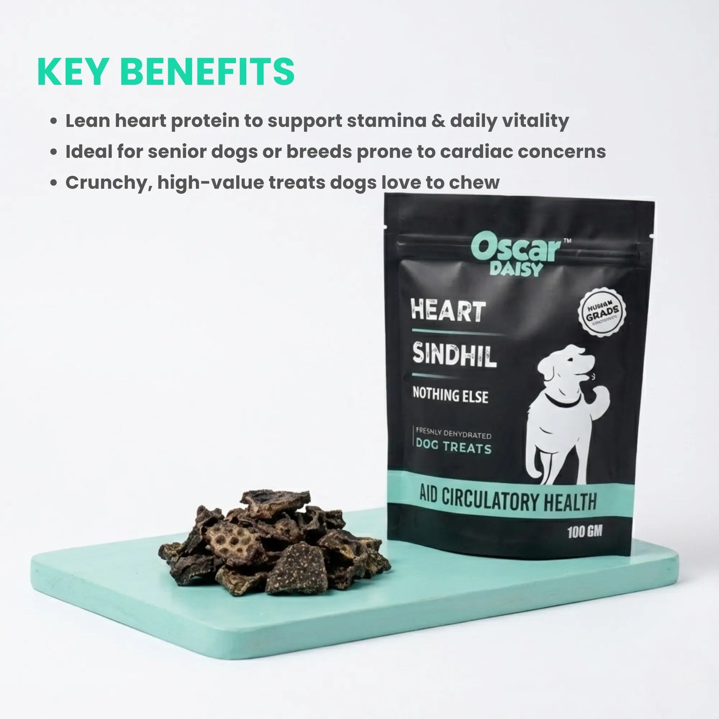 Oscar Daisy Heart Sindhil dog treat package with treats on a tray, featuring key benefits text.