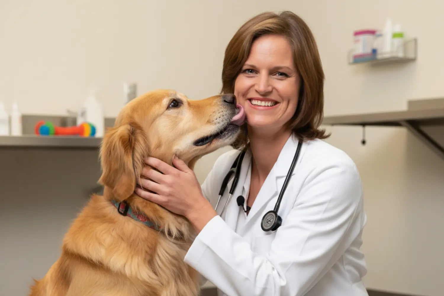 Portrait of Dr. Juliet Decaestecker smiling in white coat with a stethoscope, petting a golden retriever in a veterinary setting.