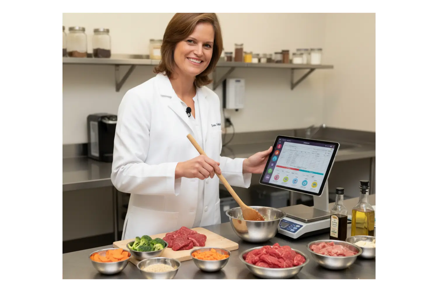 Dr. Juliet Decaestecker smiling in a kitchen setting with ingredients and a tablet displaying a recipe.