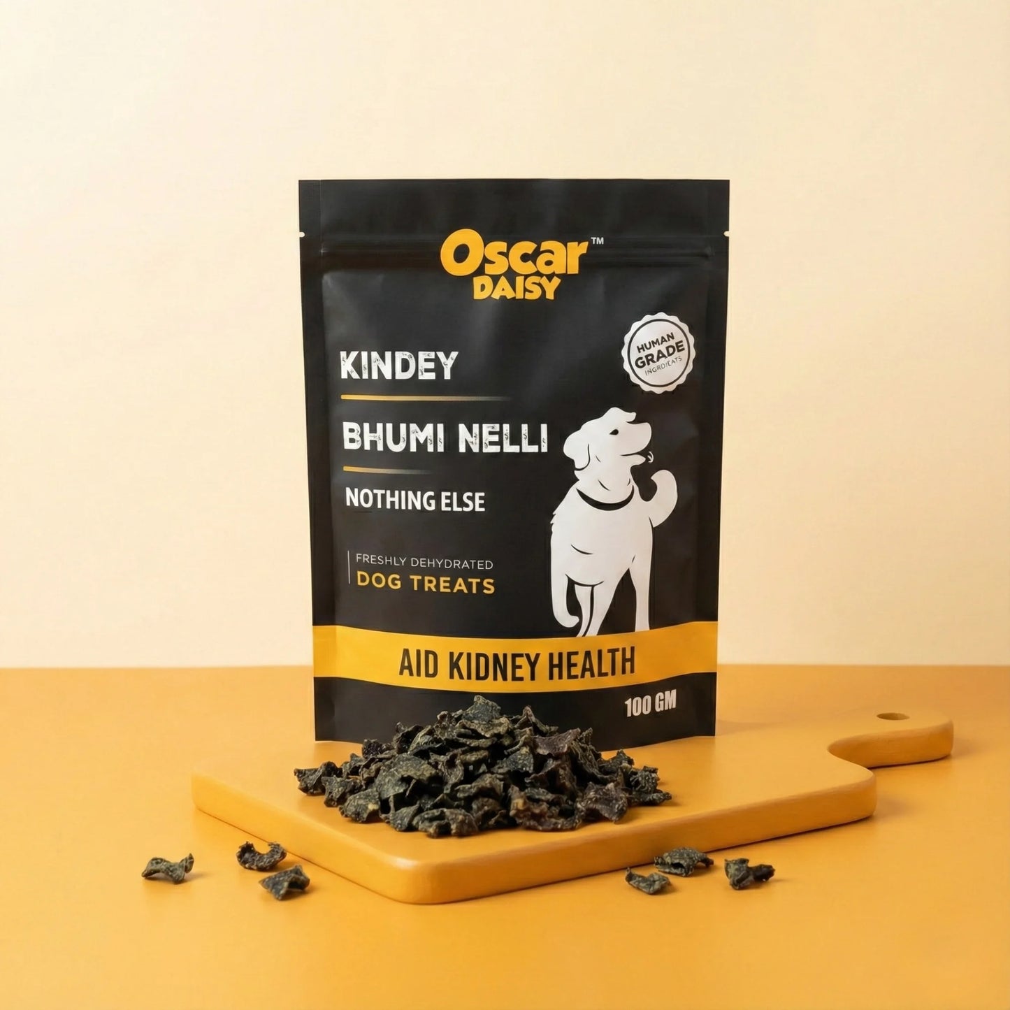 Oscar Daisy dog treat package on a beige background