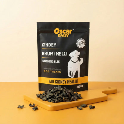 Oscar Daisy dog treat package on a beige background