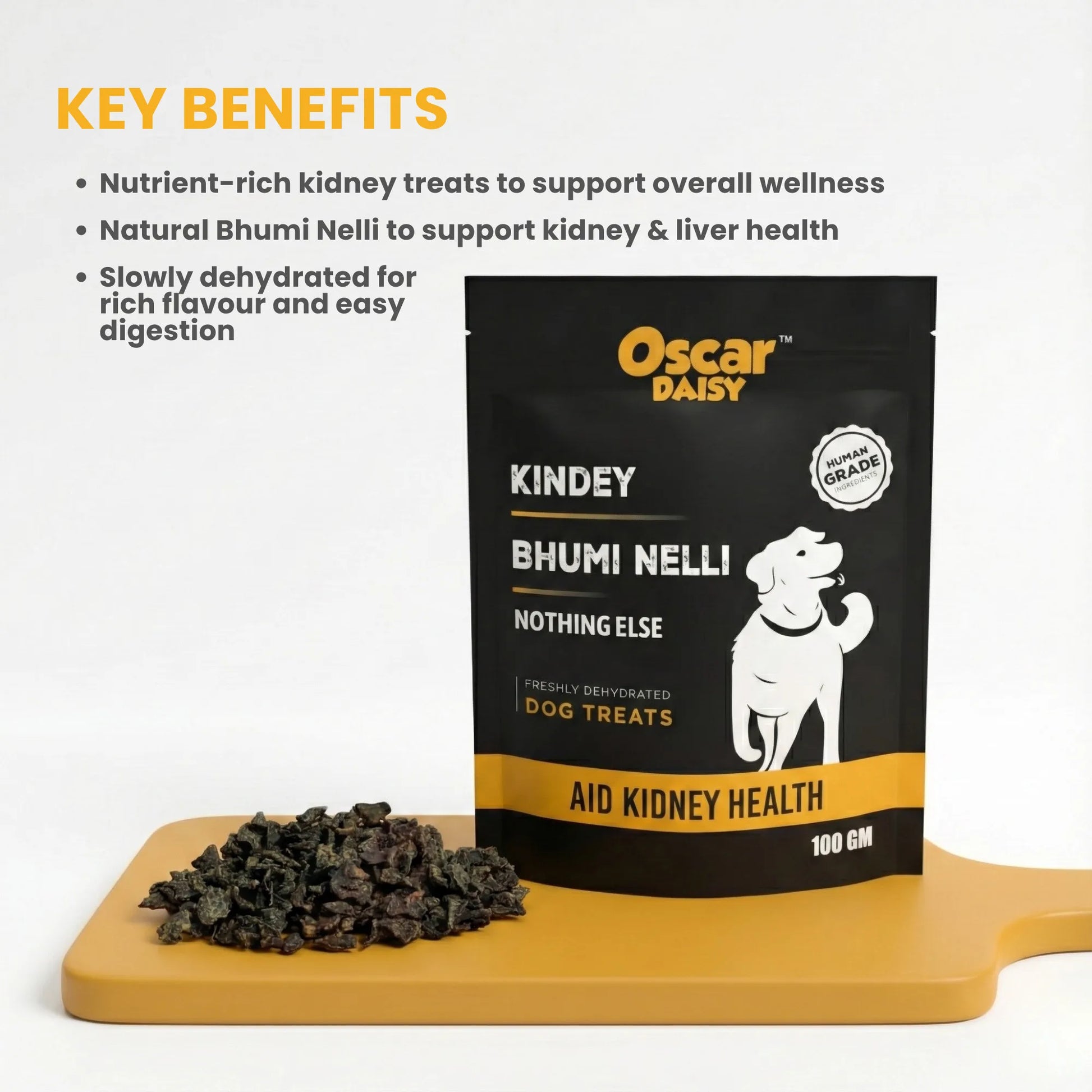 Oscar Daisy Kindey Bhumi Nelli dog treat package with key benefits listed on a white background