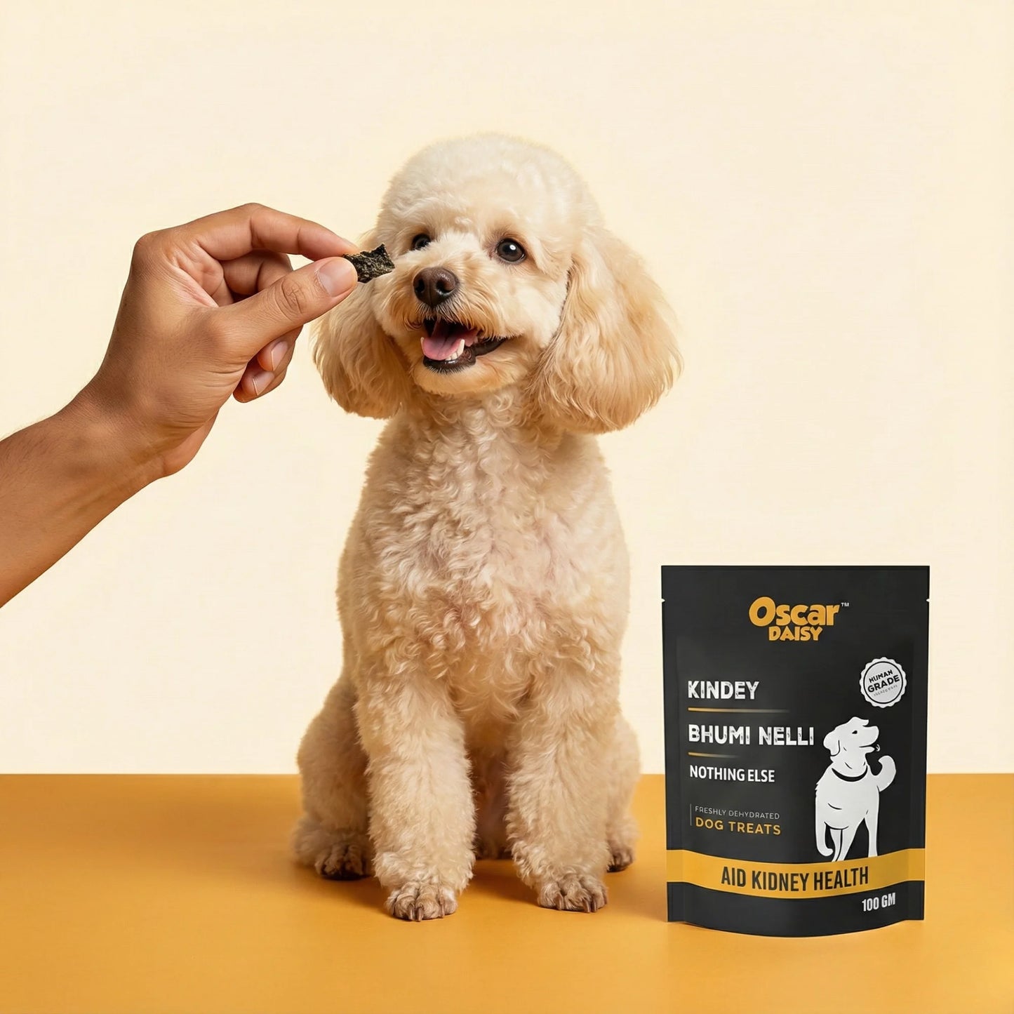 Dog being fed a treat with an Oscar Daisy dog treats packaging in the background