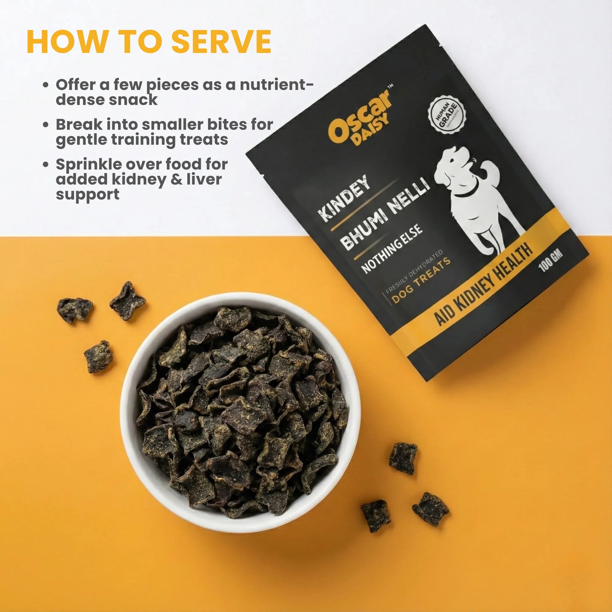 Oscar Daisy dog treats packaging with a bowl of treats on an orange background