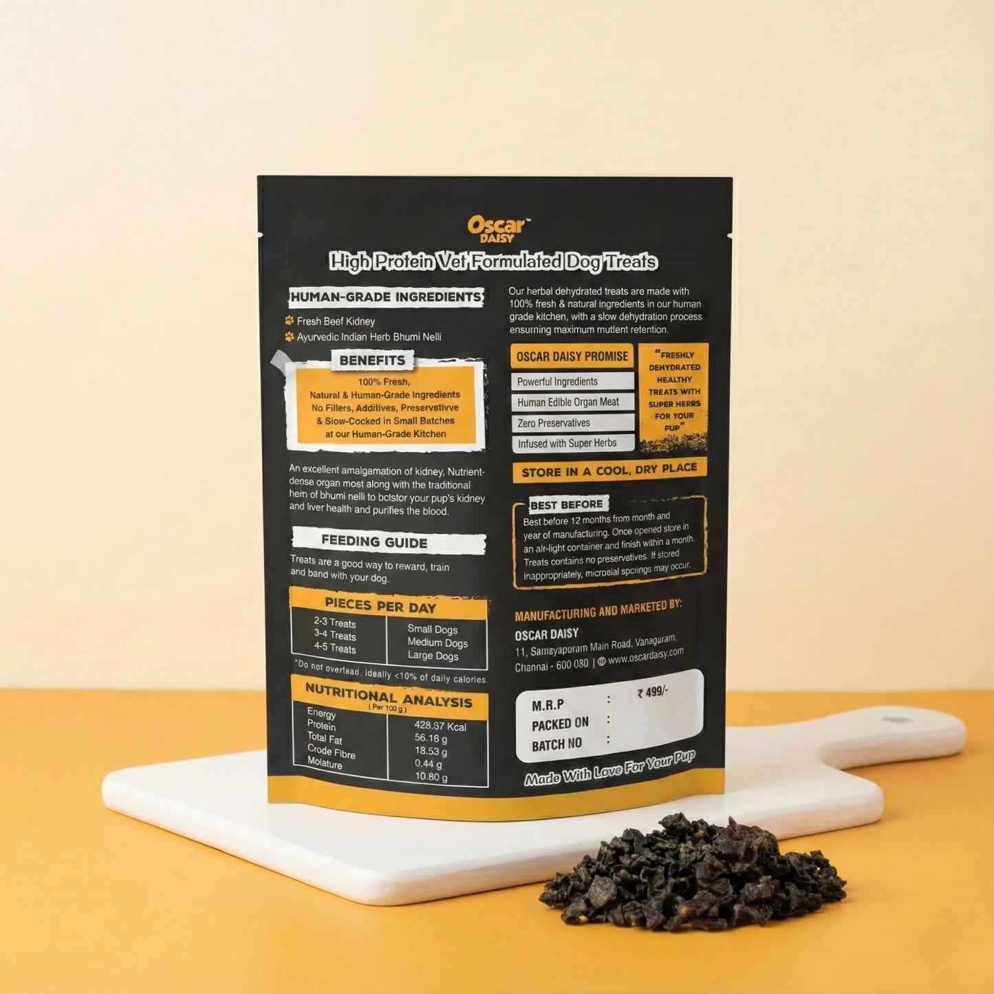 Oscar Daisy Dog treat package with nutritional information on a yellow background