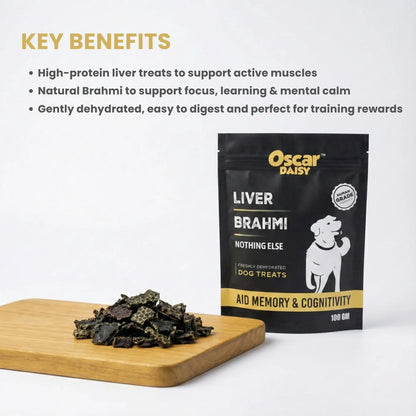 Oscar Daisy Liver Brahmi dog treat package with treats on a wooden board, featuring key benefits text.