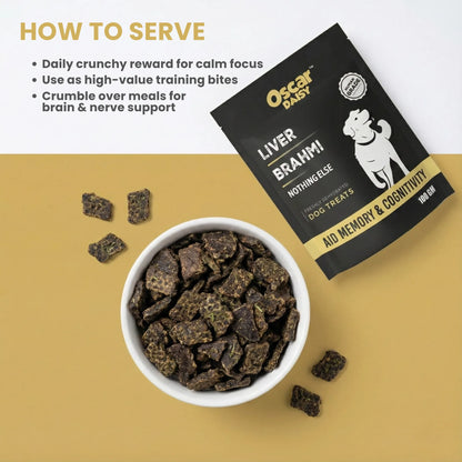 Oscar Daisy dog treats packaging with bowl of treats on a yellow background