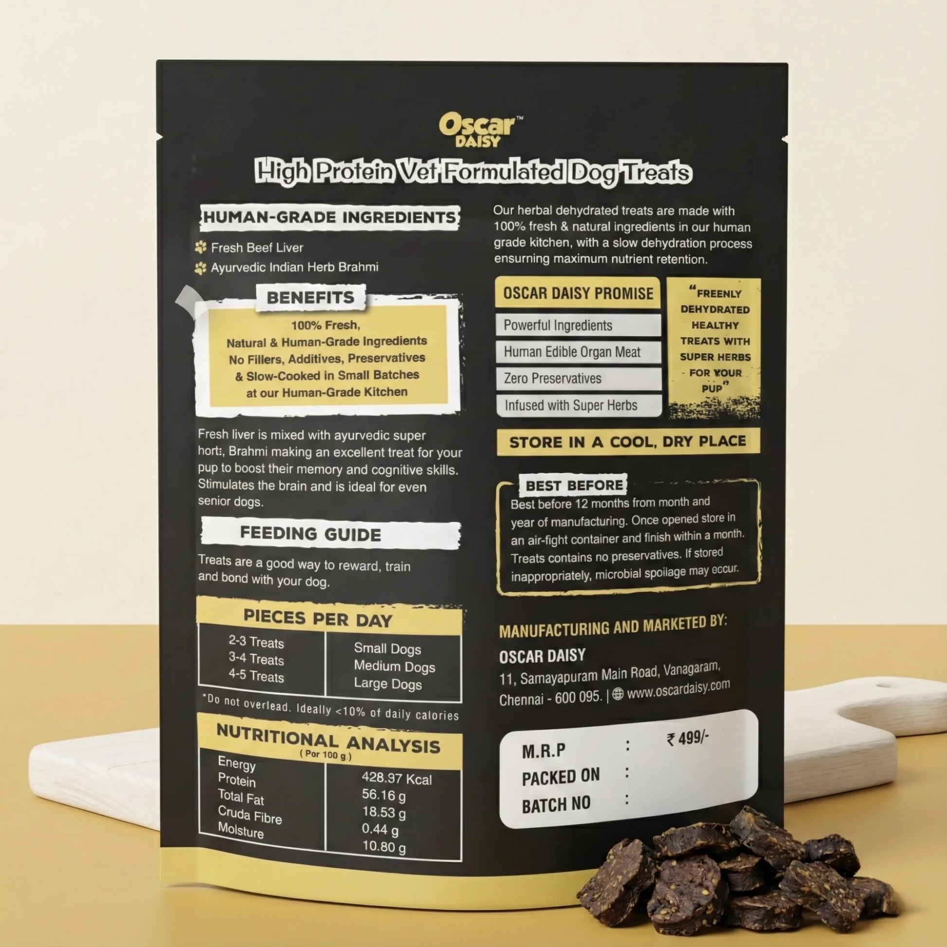 Oscar Daisy dog treat packaging with ingredients, benefits, and nutritional information on a beige background.