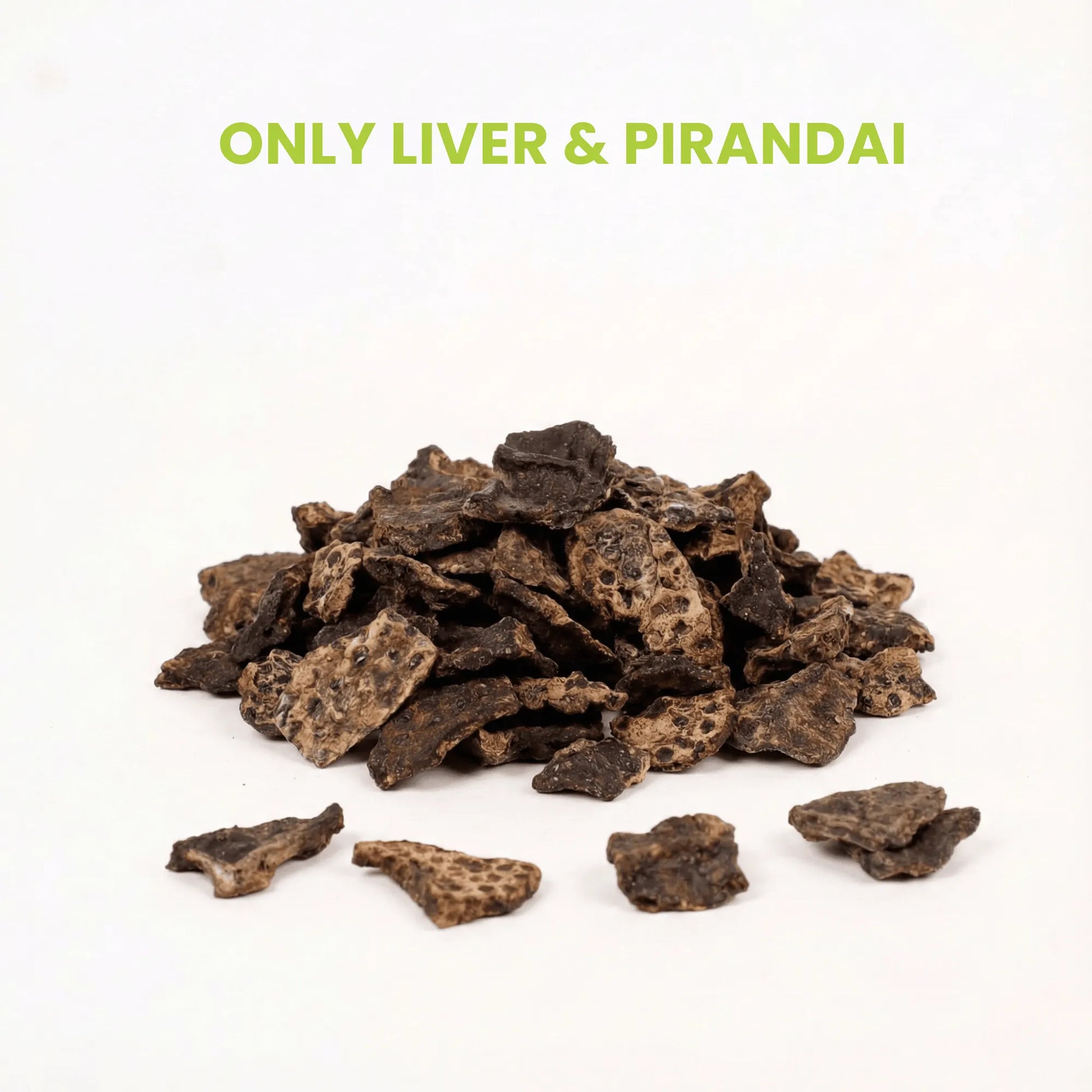 Pile of Oscar Daisy Liver Pirandai dog treats on white background with headline text Only Liver and Piranda